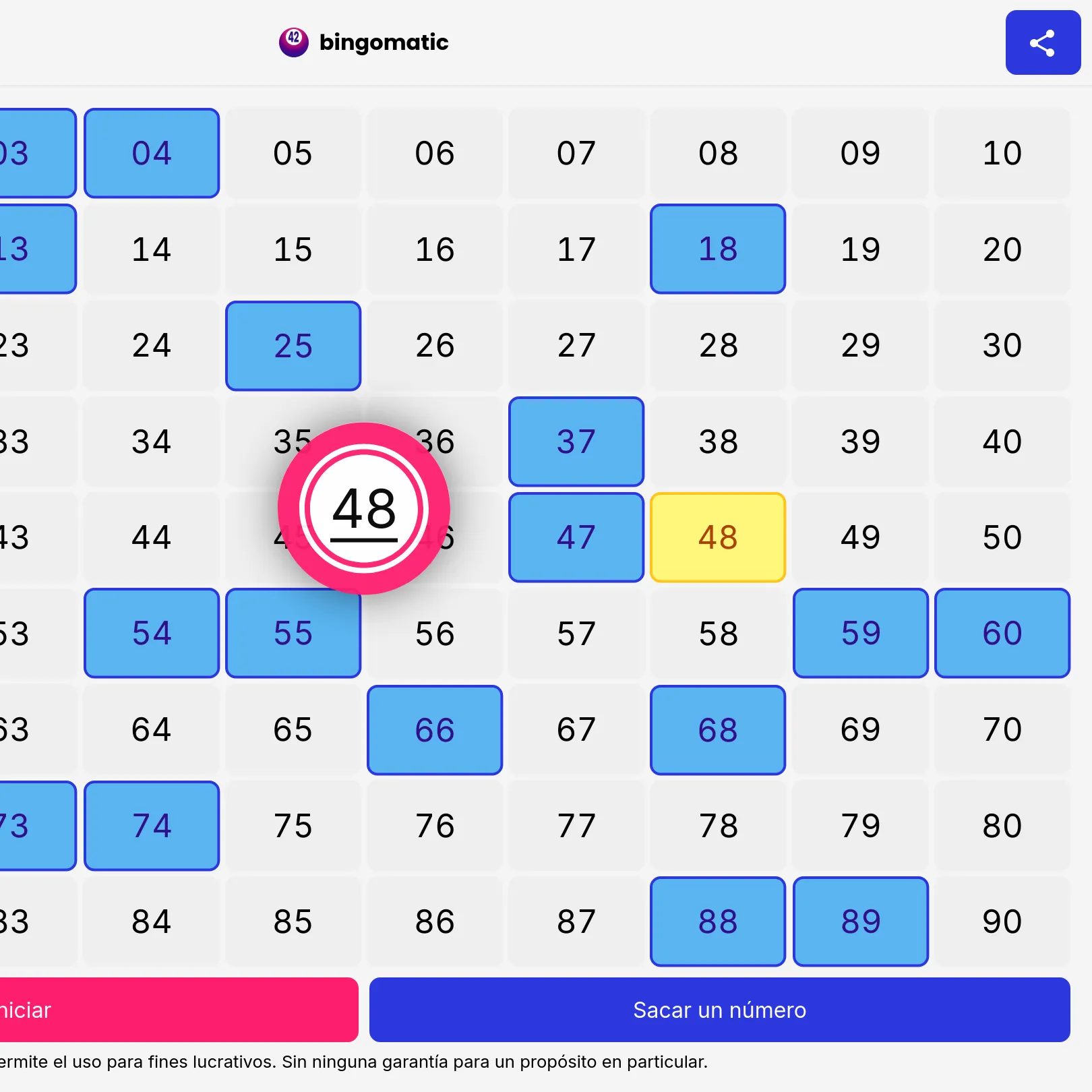 Captura de pantalla de la grilla del bingo.