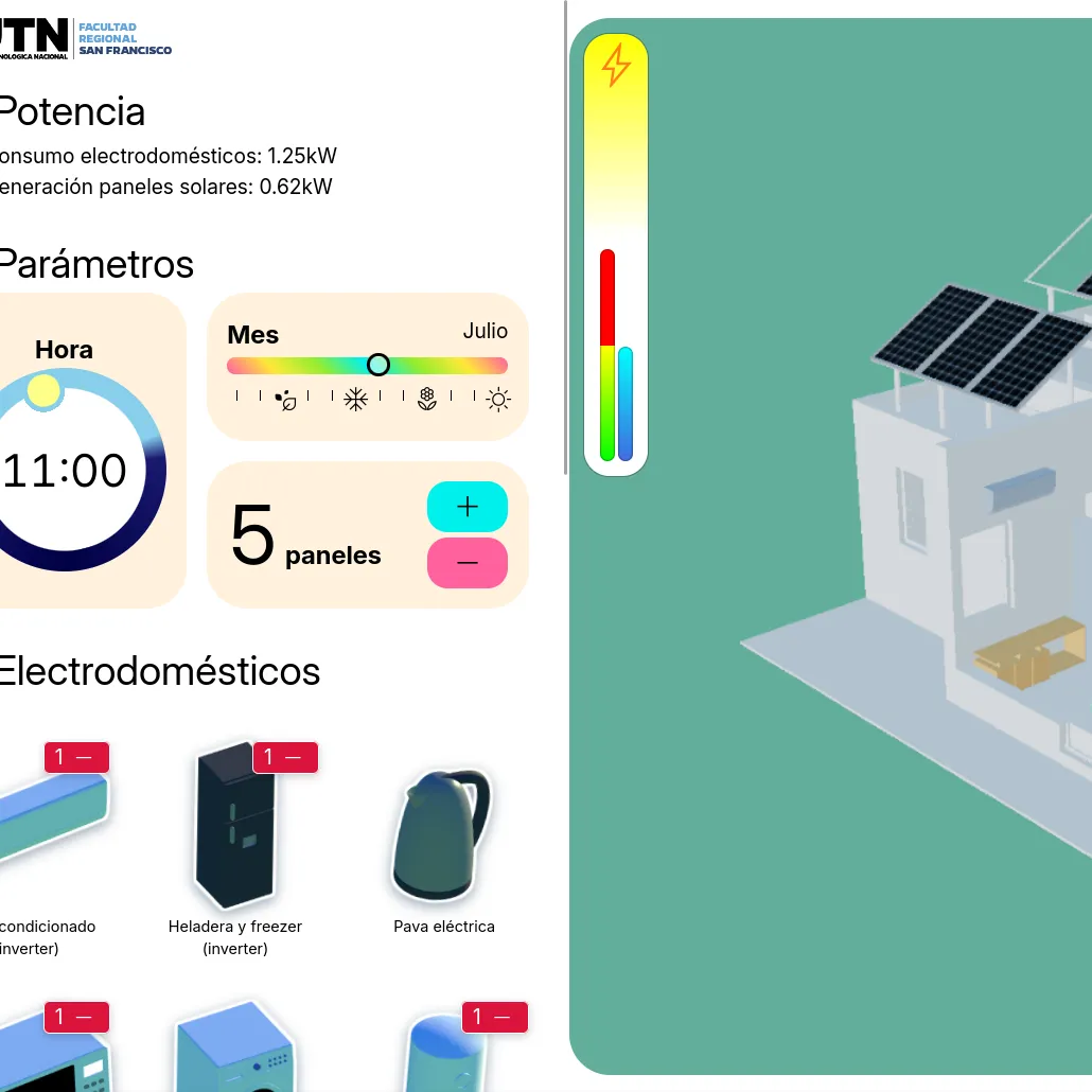 Captura de pantalla de los distintos parámetros configurables para la calculadora, con una vista 3D de la instalación en el lateral.