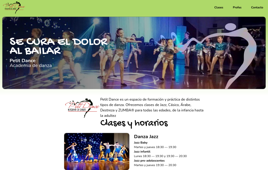 Captura de pantalla de la página de Petit Dance
